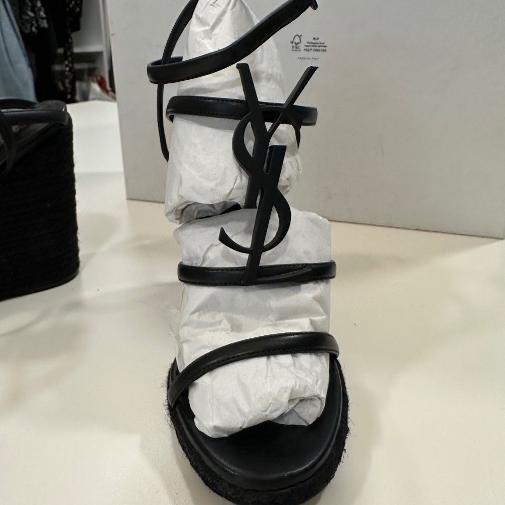YSL Cassandra Wedge Espadrille in Black Leather Size 36 1/2